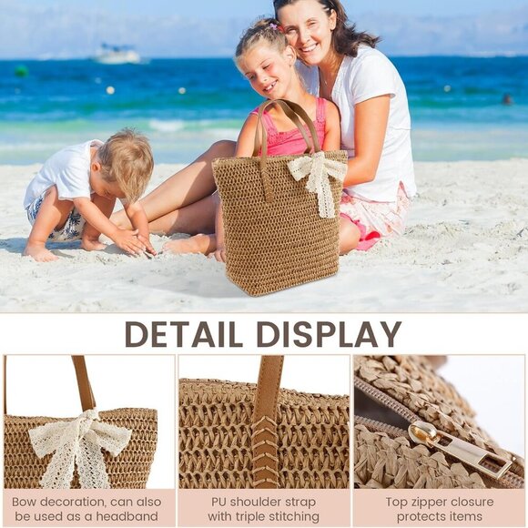 Straw Beach Bag Women Summer Tote Large Capacity Travel Handbag - Picture 4 of 7